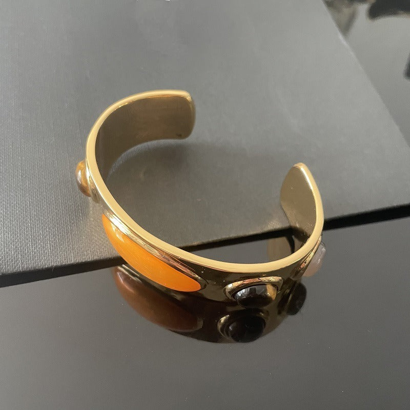 Retro Natural Stone Gold Cuff Bracelet