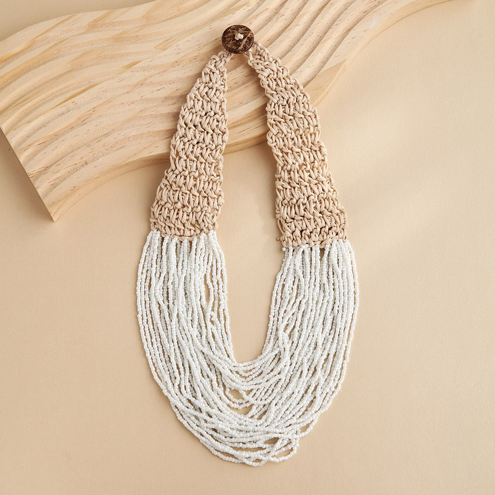 Hand Woven Layered Wax Rope Rice Bead Necklace