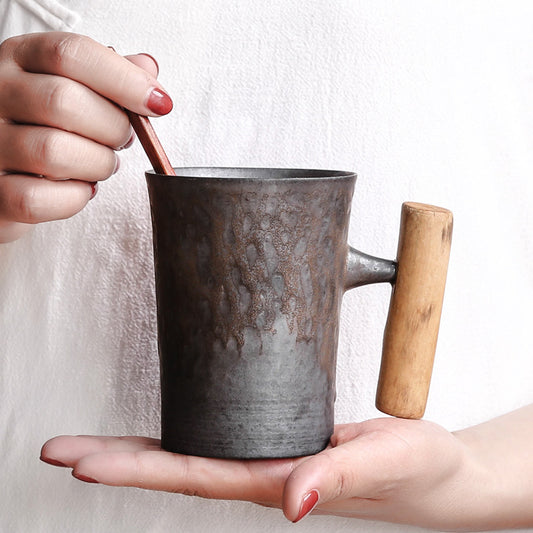 Handmade Rustic Ceramic Mug with Wood Handle
