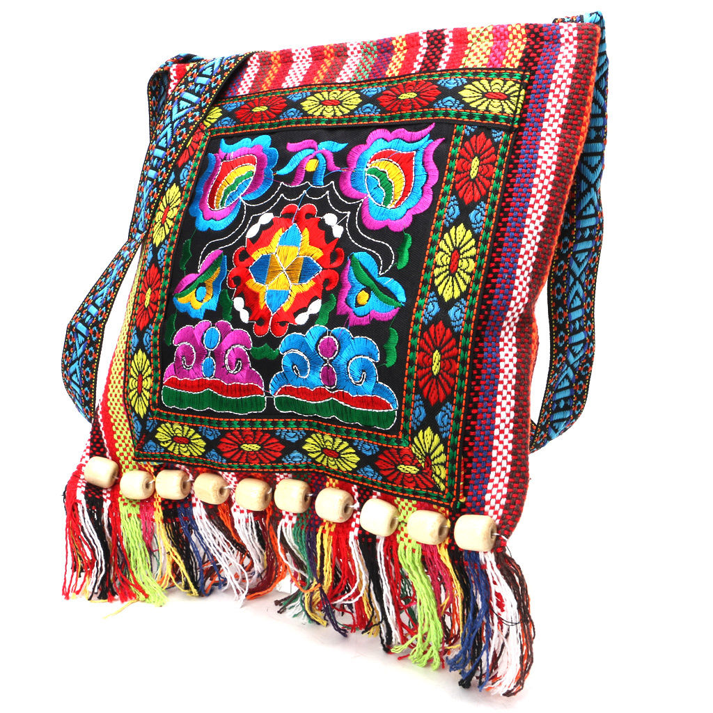 Vintage Embroidered Chinese Messenger Bag w/Tassels & Beads