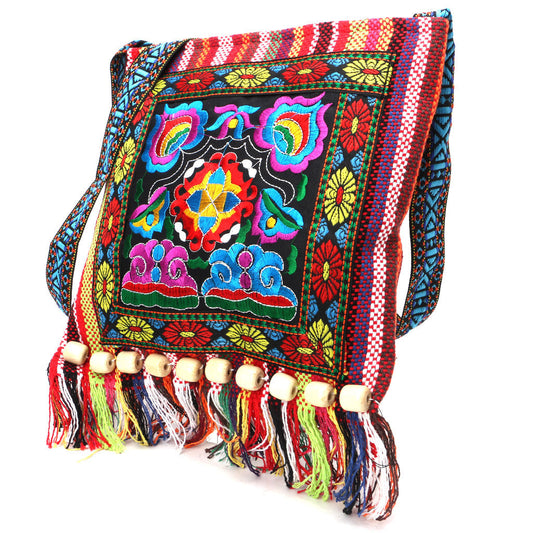 Vintage Embroidered Chinese Messenger Bag w/Tassels & Beads
