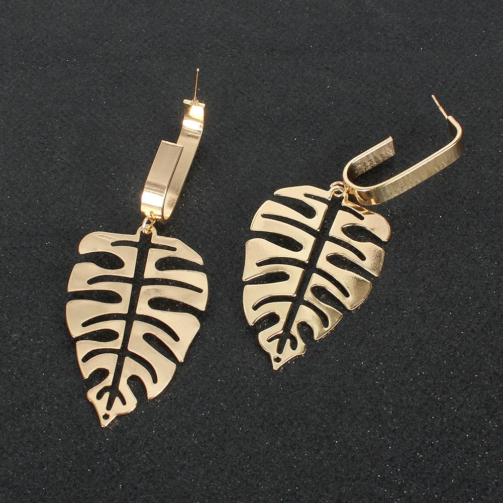 Long Golden Monstera Leaf Earrings