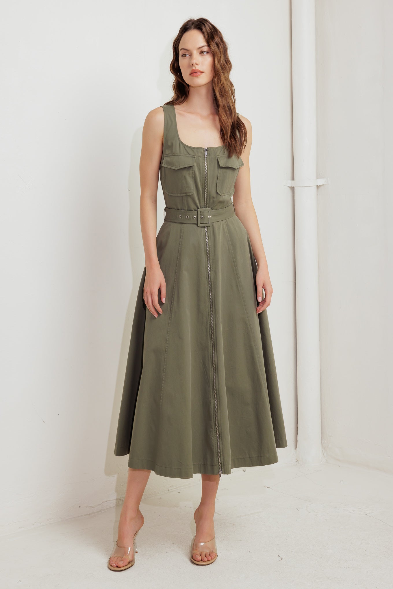 Olive Grove Woven Midi Dress
