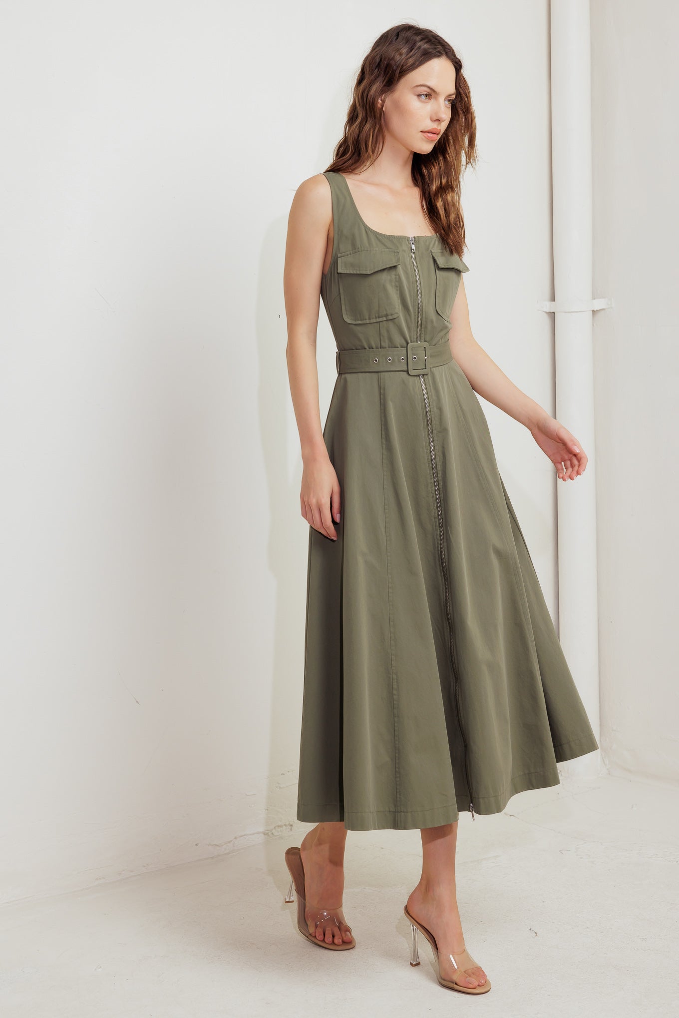 Olive Grove Woven Midi Dress