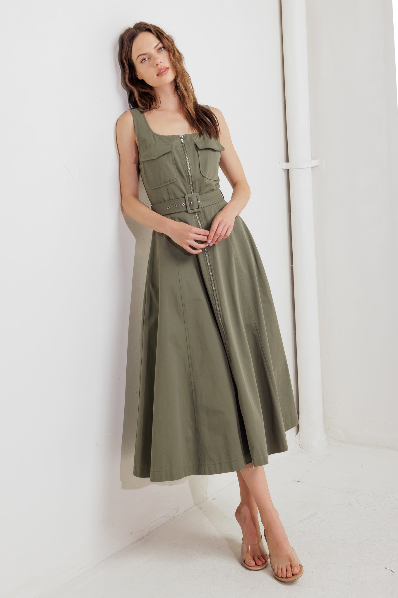 Olive Grove Woven Midi Dress