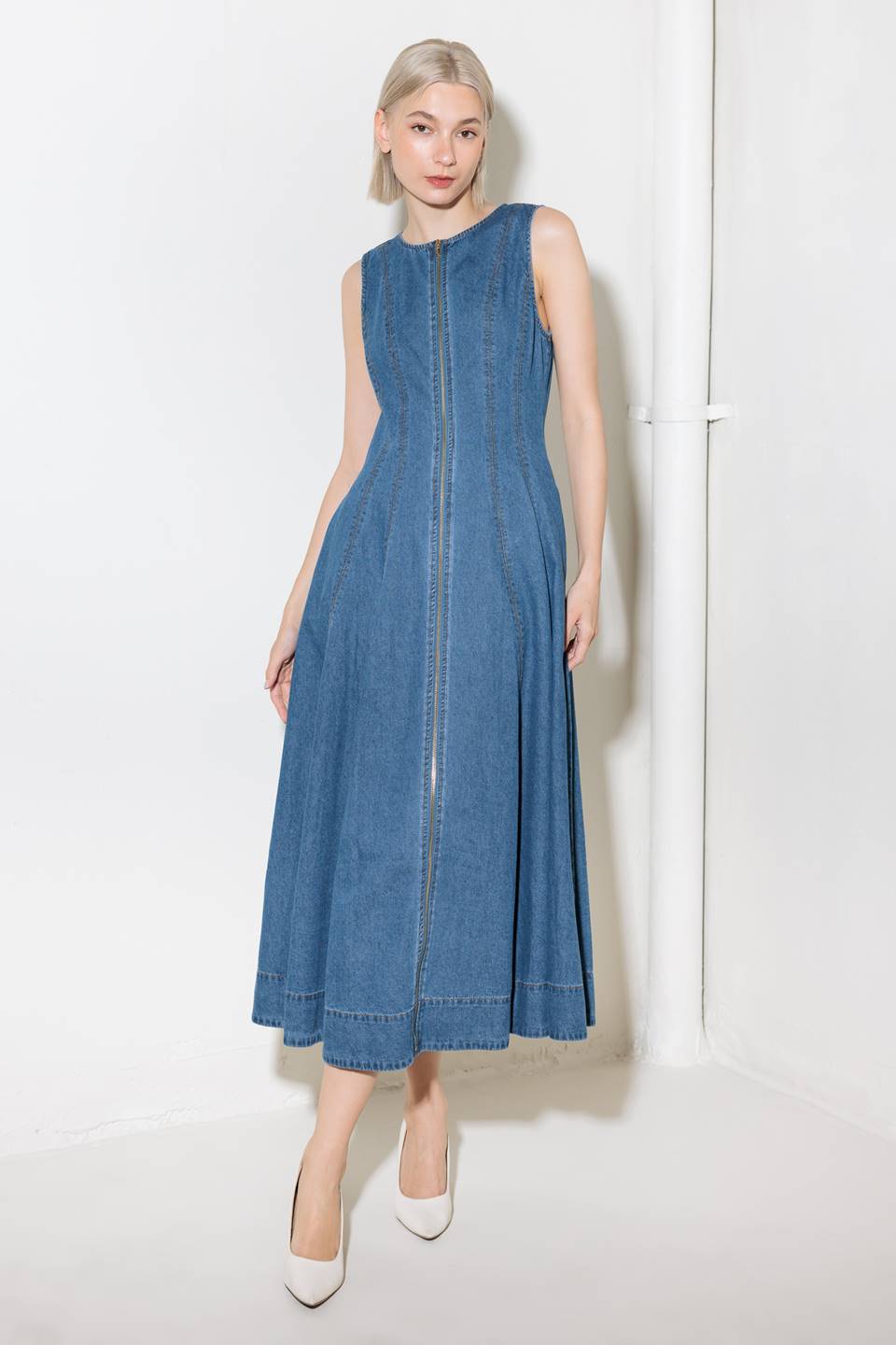 Irresistibly Poised Denim Midi Dress