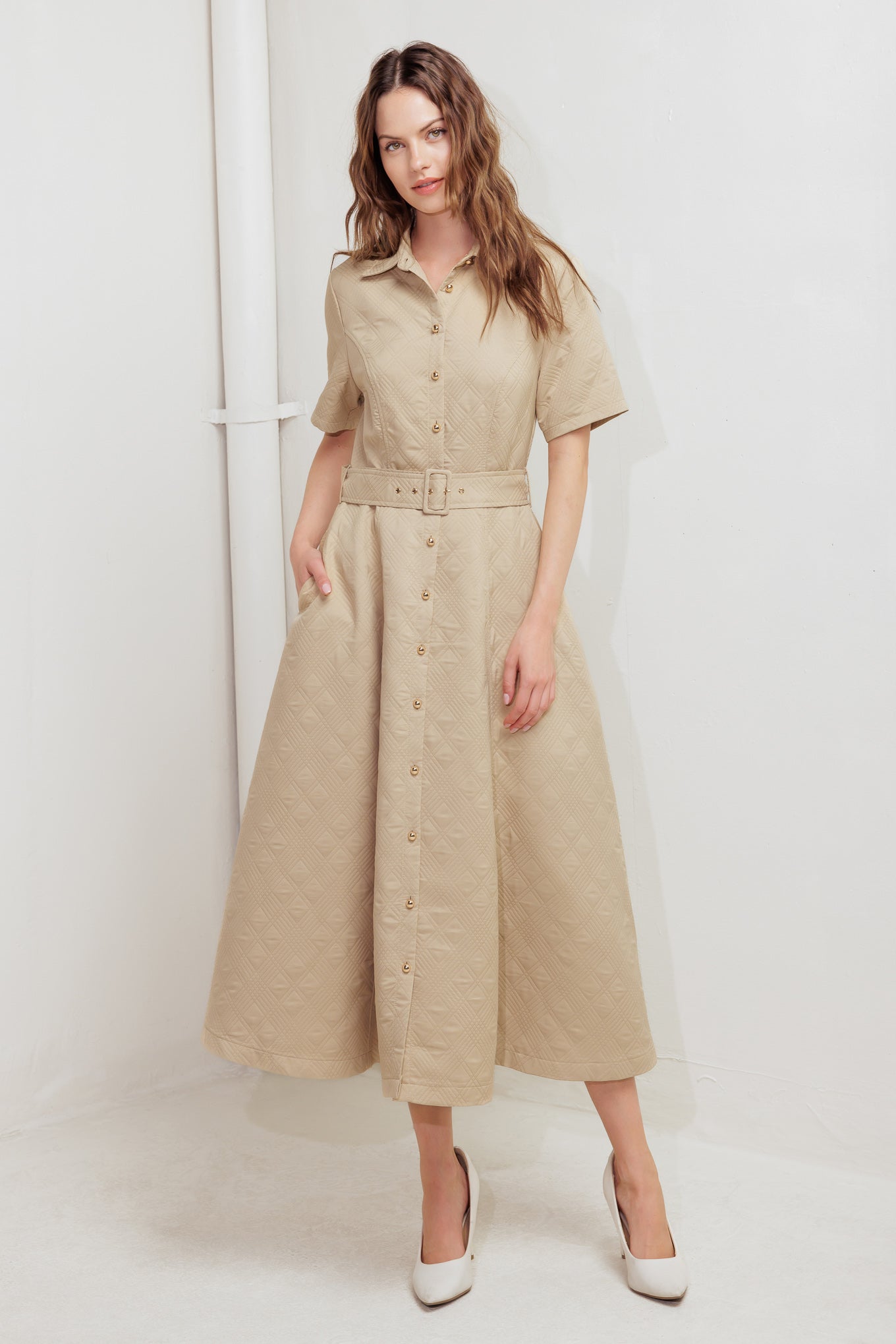 Neutral Chic Woven Midi Dress