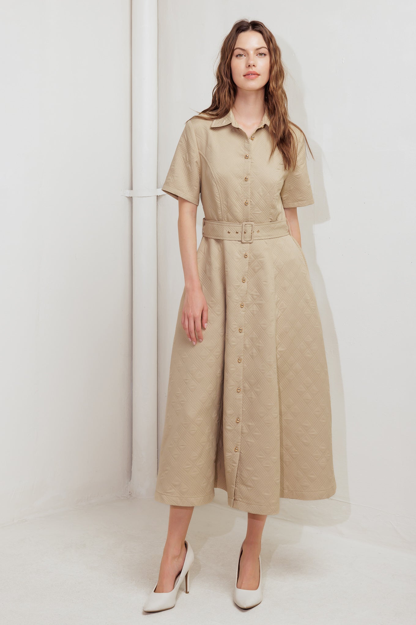 Neutral Chic Woven Midi Dress