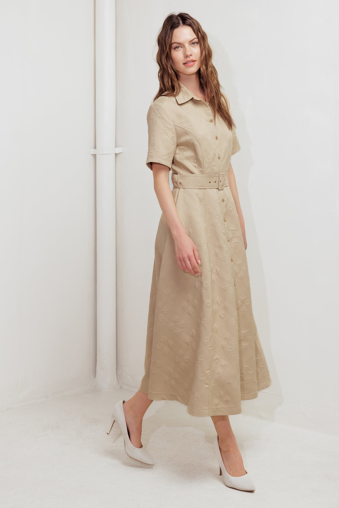 Neutral Chic Woven Midi Dress