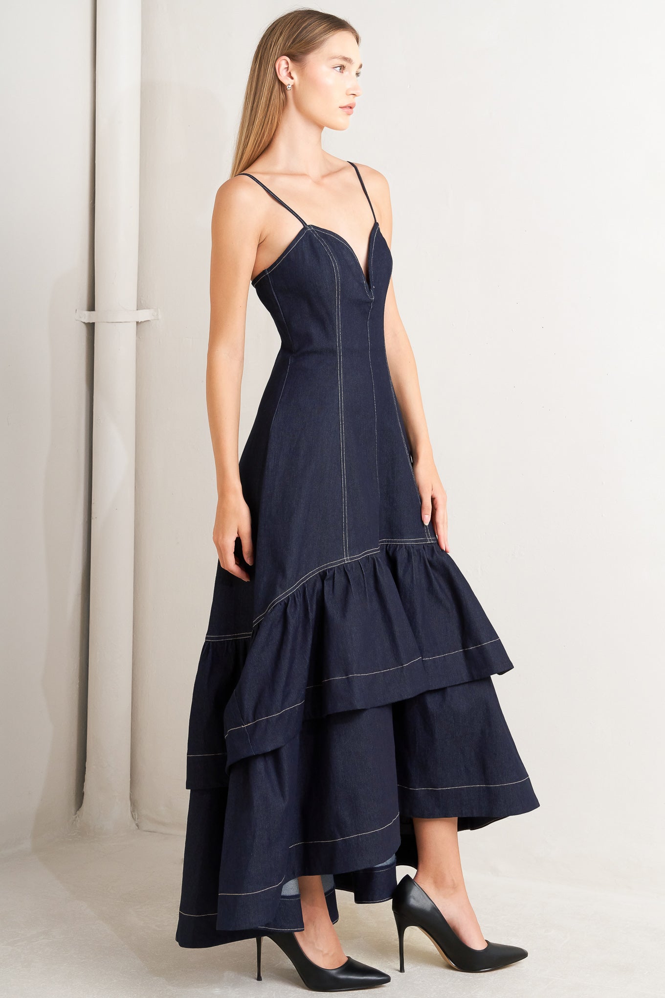 Raw Elegance Denim Midi Dress