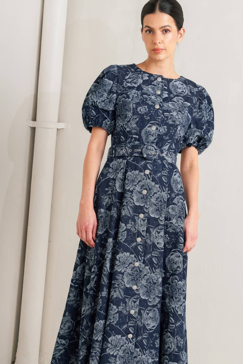Dark Bloom Jacquard Denim Midi Dress
