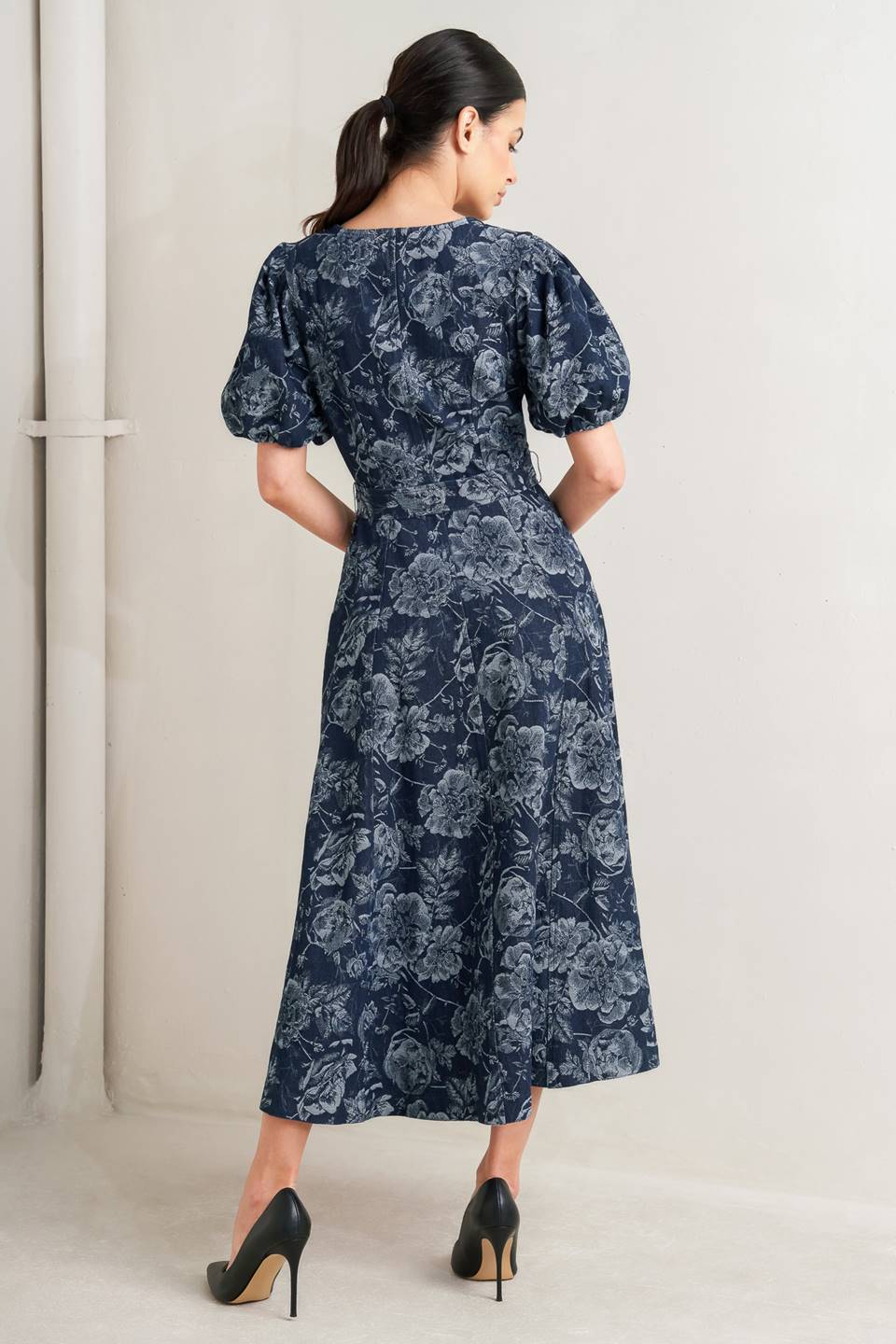 Dark Bloom Jacquard Denim Midi Dress