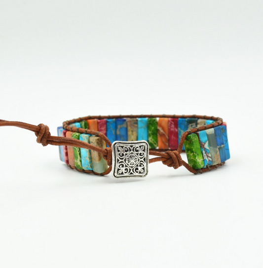 Handmade Multi Color Natural Stone Jasper Beads Leather Bracelet
