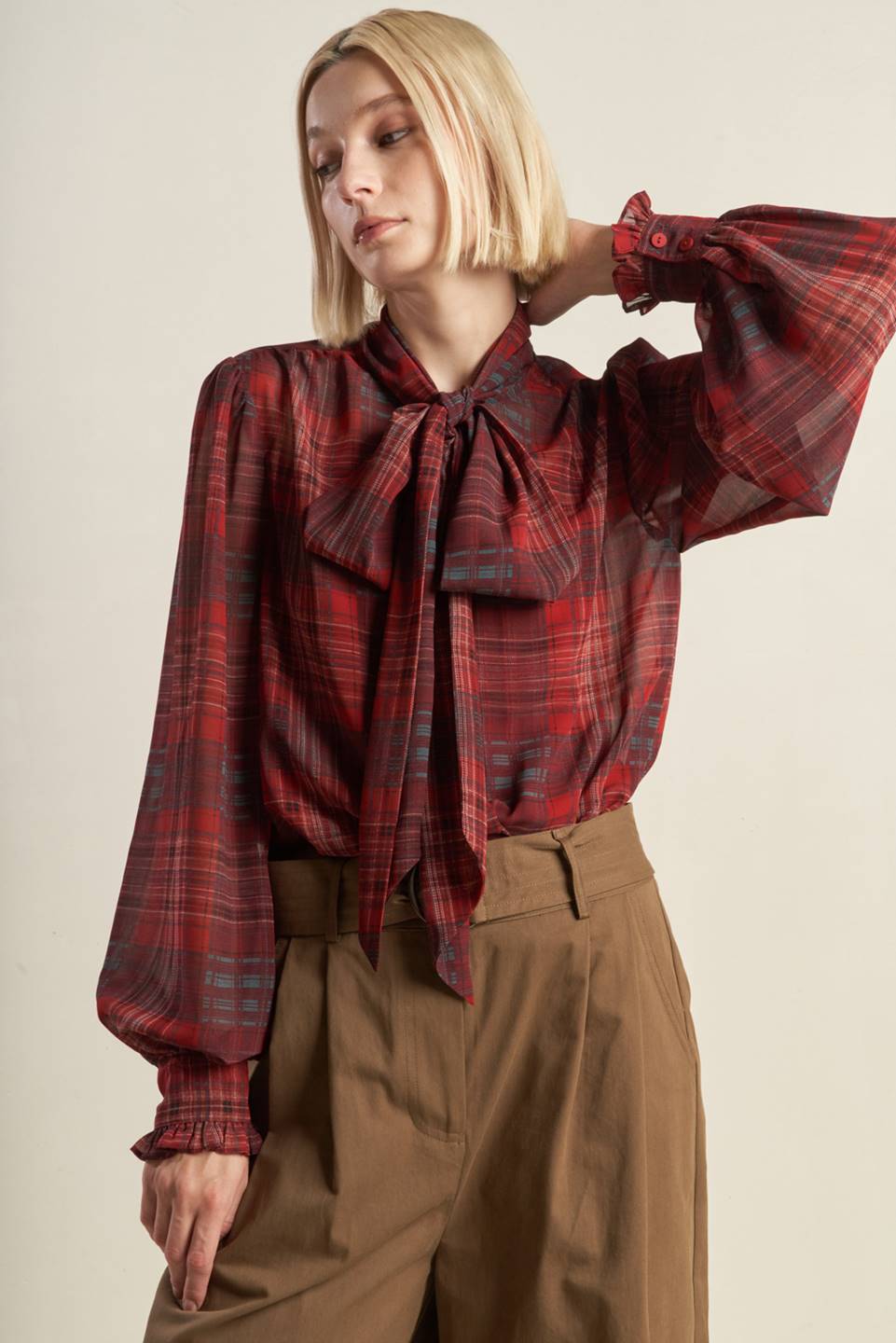 Lovely Intuition Woven Plaid Top