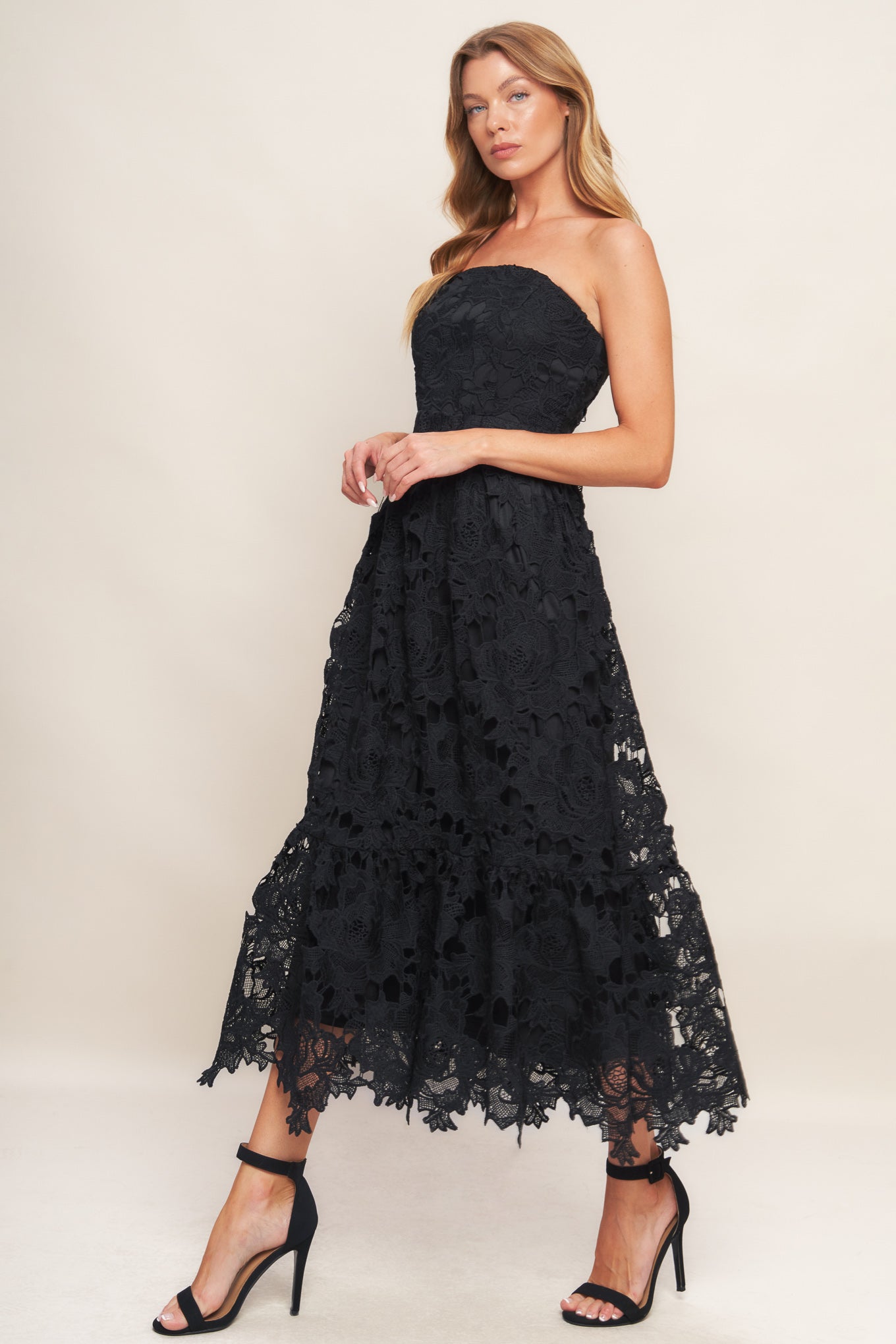 Carefree Nights Black Lace Midi Dress