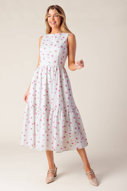 Thena Garden Party Woven Eyelet Midi Dress