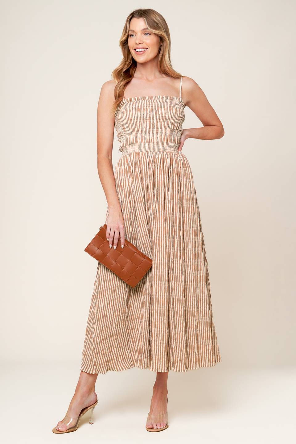 Valhalla Brown Striped Woven Midi Dress