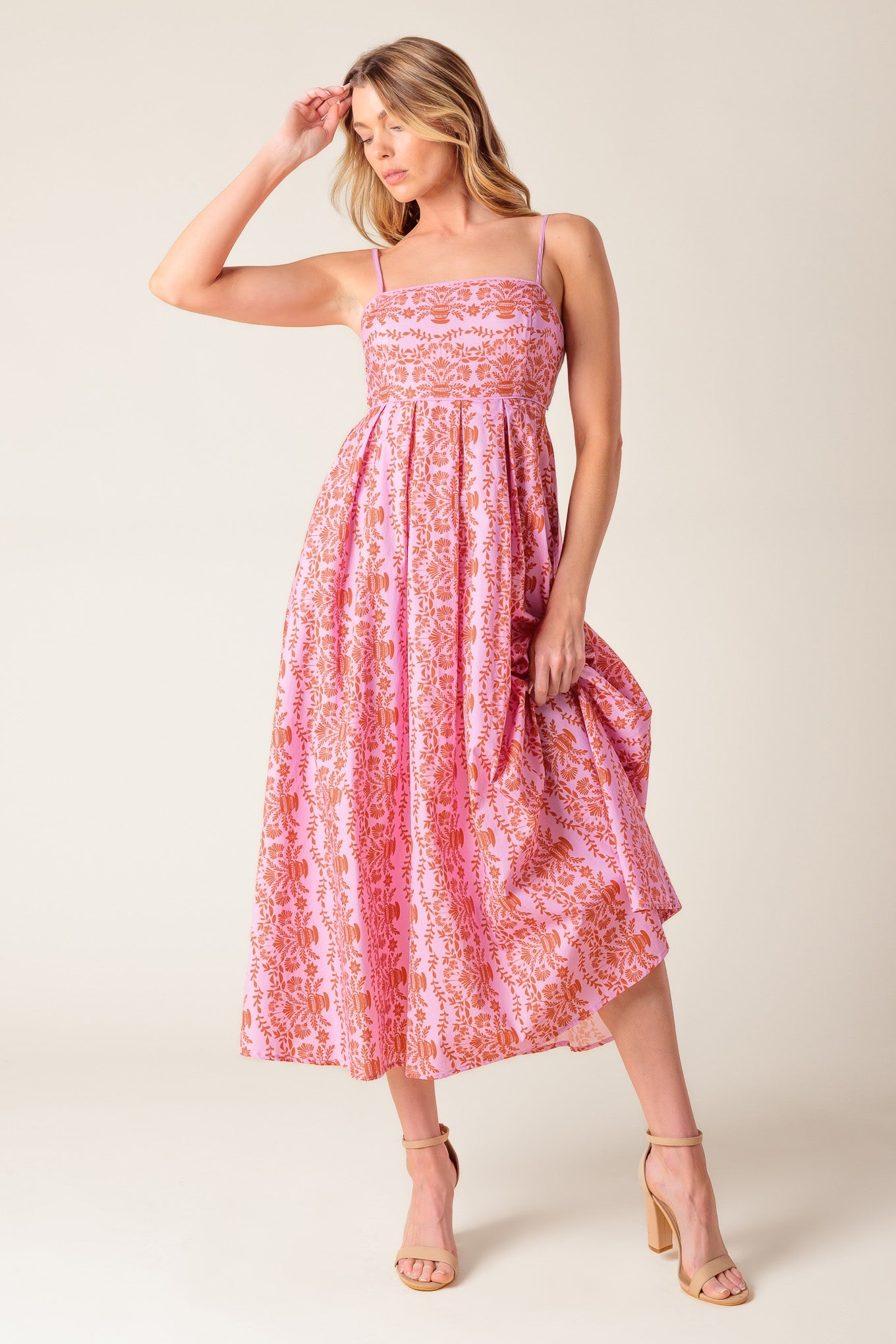 The Evette Pink Woven Midi Dress