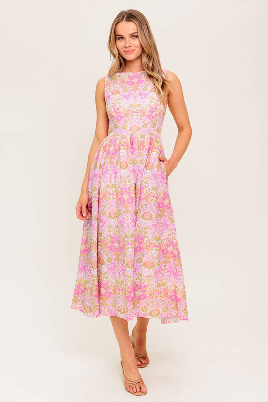 Under the Sun Pink Woven Midi Dress