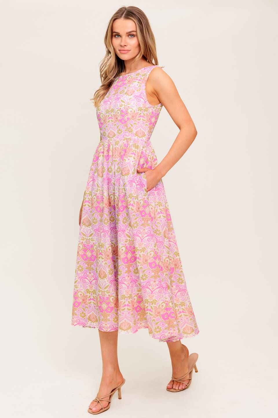 Under the Sun Pink Woven Midi Dress