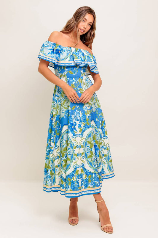 Tropical Haze Powder Blue Woven Midi Dress