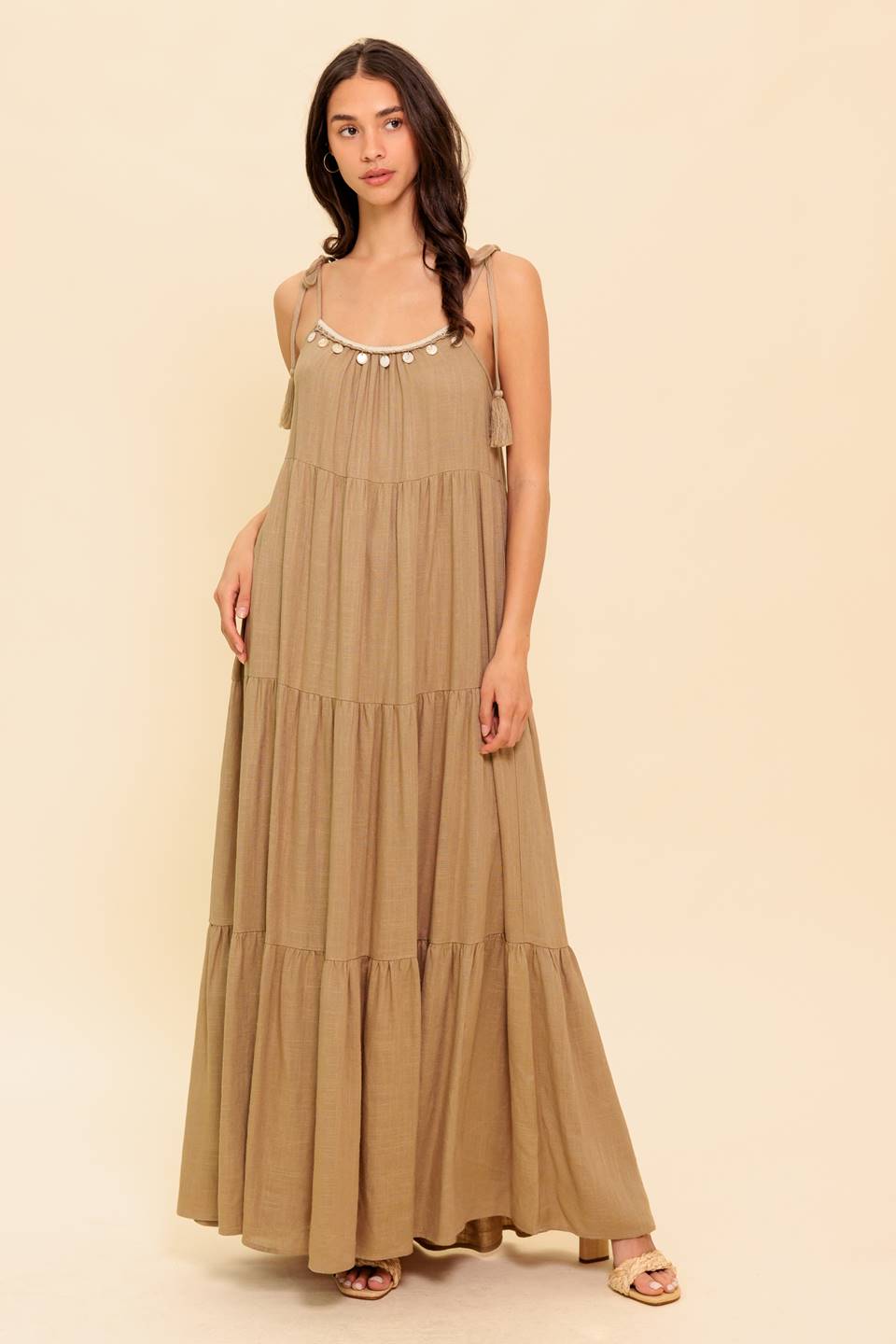 World Of Possiblilities Taupe Woven Maxi Dress