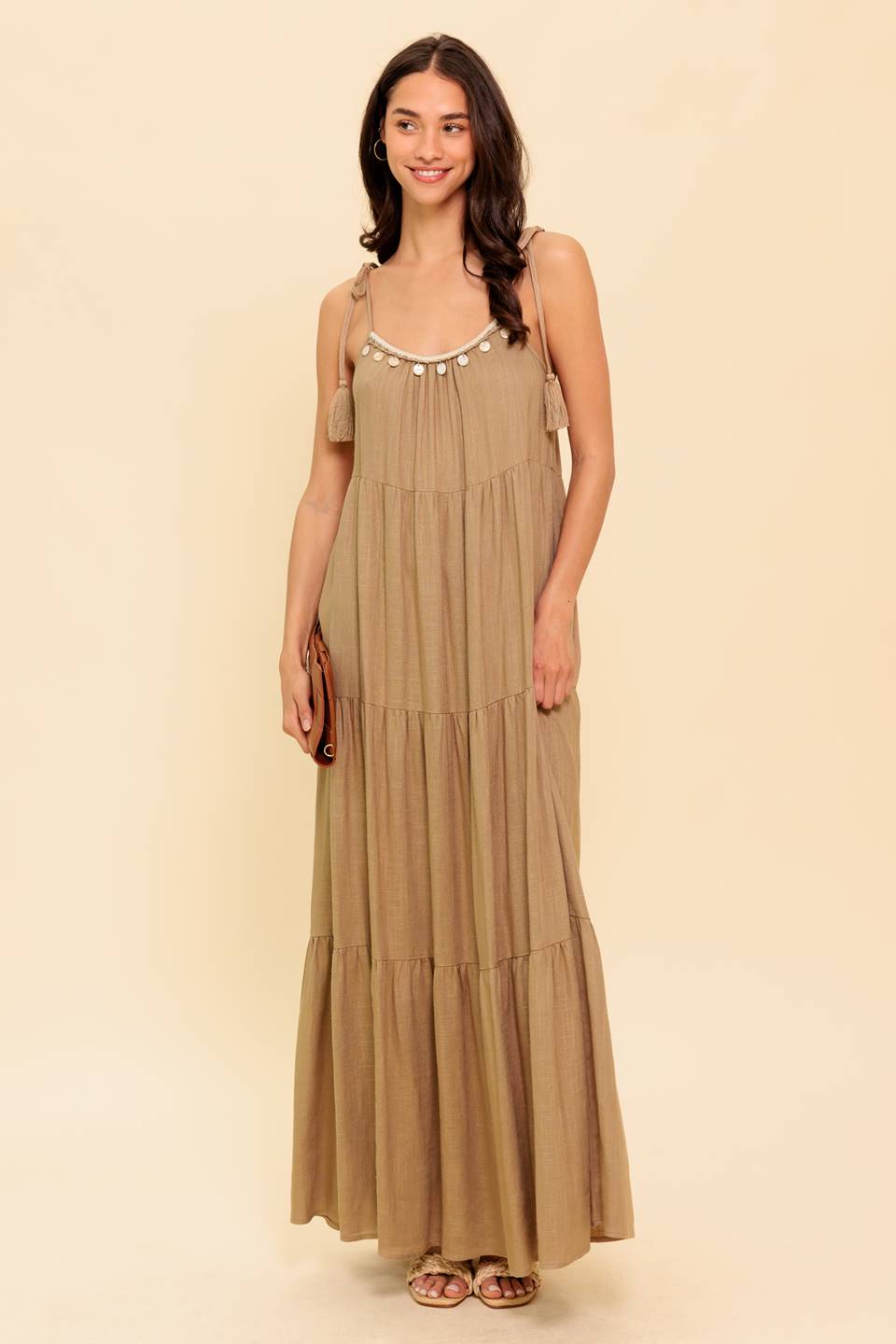 World Of Possiblilities Taupe Woven Maxi Dress