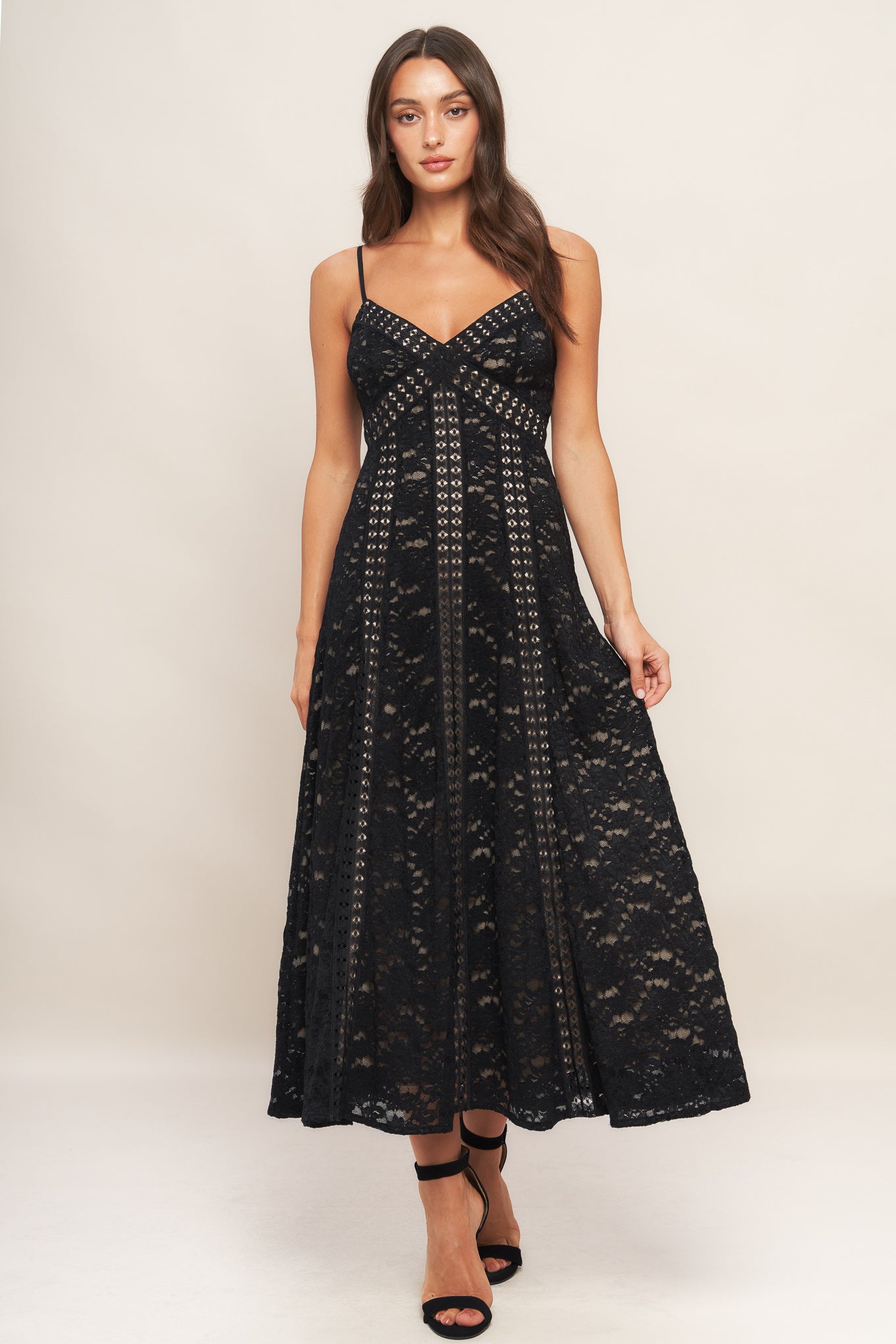 Romantic Noir Nights Woven Lace Midi Dress