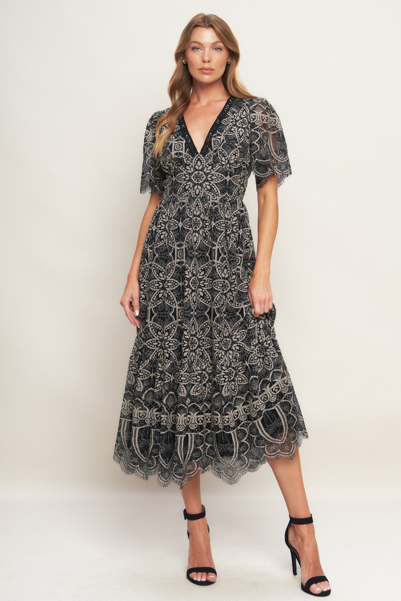 Gothic Bloom Woven Lace Midi Dress