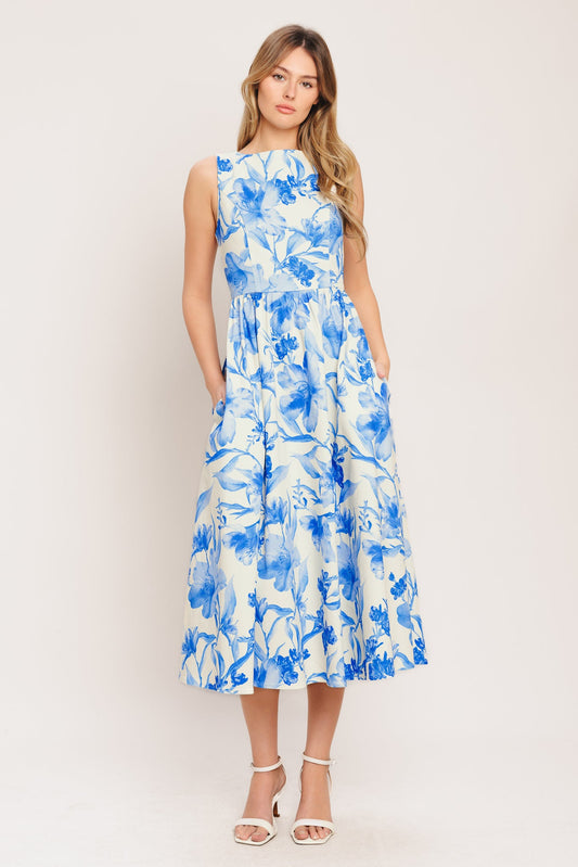 Porcelain Floral Woven Midi Dress