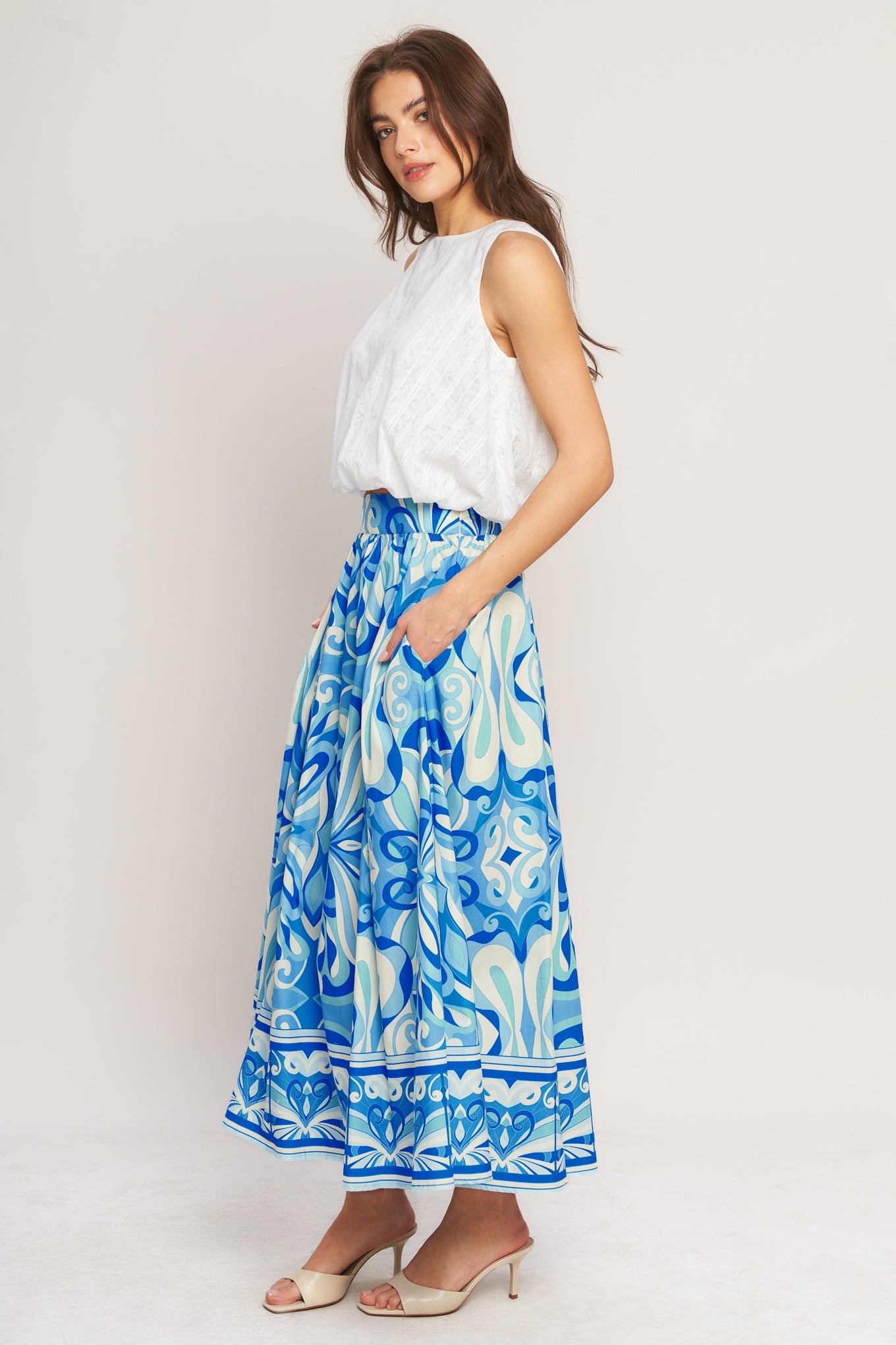 Ocean Whirl Woven Full Midi Skirt