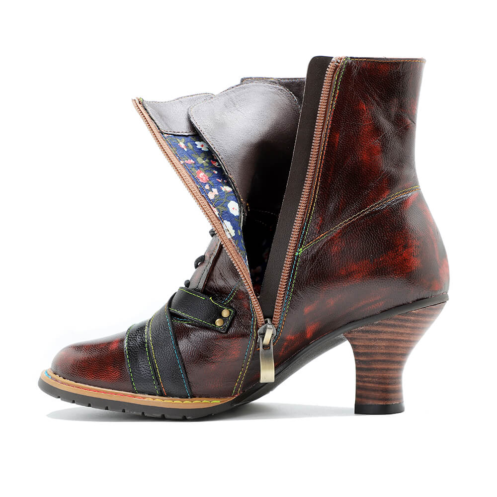 Handcrafted Vintage Mixed Leather High Heel Ankle Boots