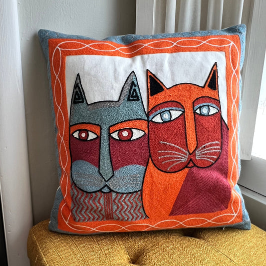 Orange & Blue Abstract Cats Embroidered Pillow Cover