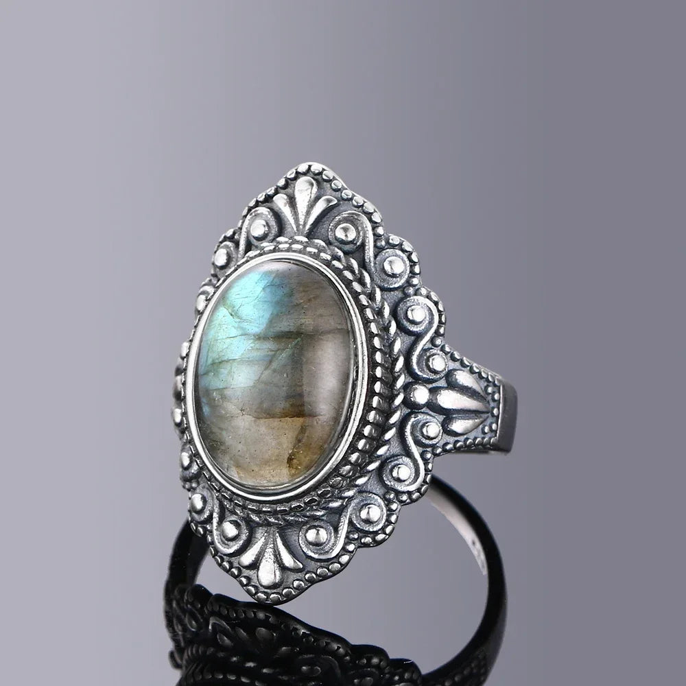 Retro Oval Natural Stone S925 Silver Ring