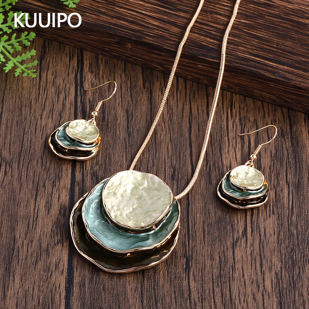Oil Drip Round Pendant Necklace and Earrings Jewelry Set