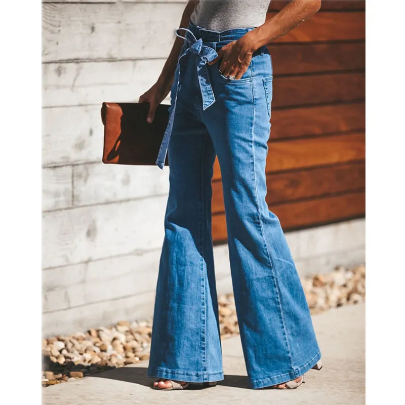 Vintage Denim Tie Waist Flare Jeans