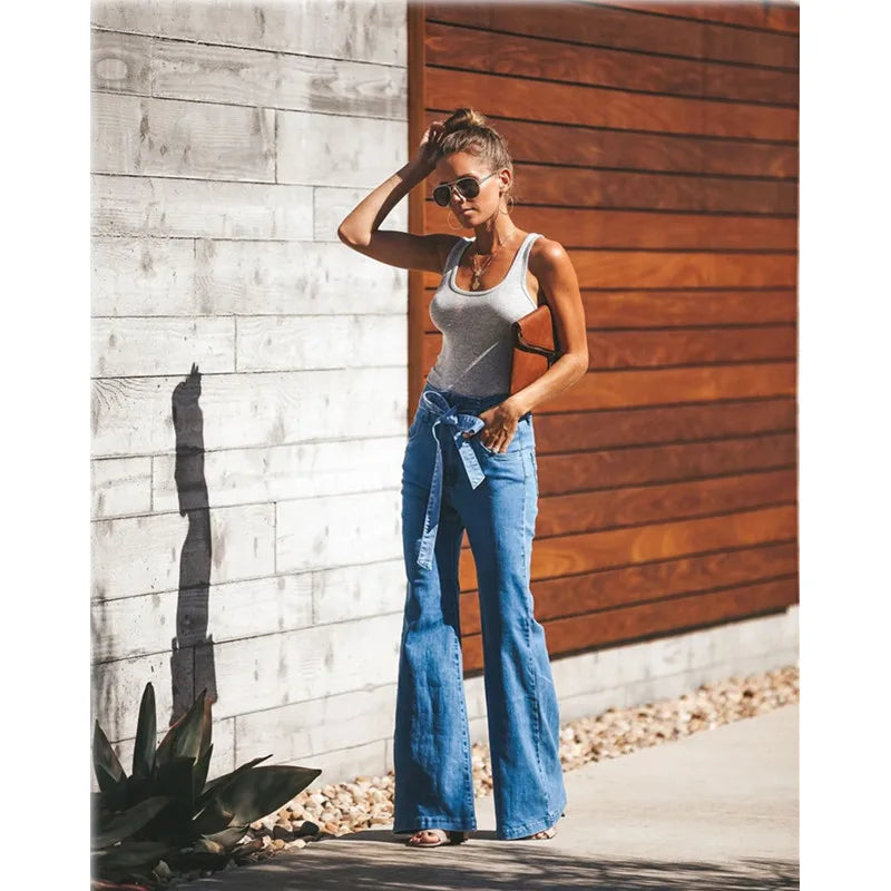 Vintage Denim Tie Waist Flare Jeans