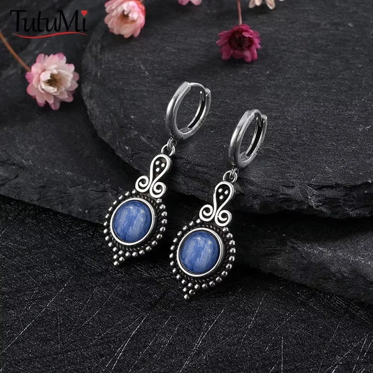 925 Sterling Silver Natural Stone Drop Earrings Vintage Hoops