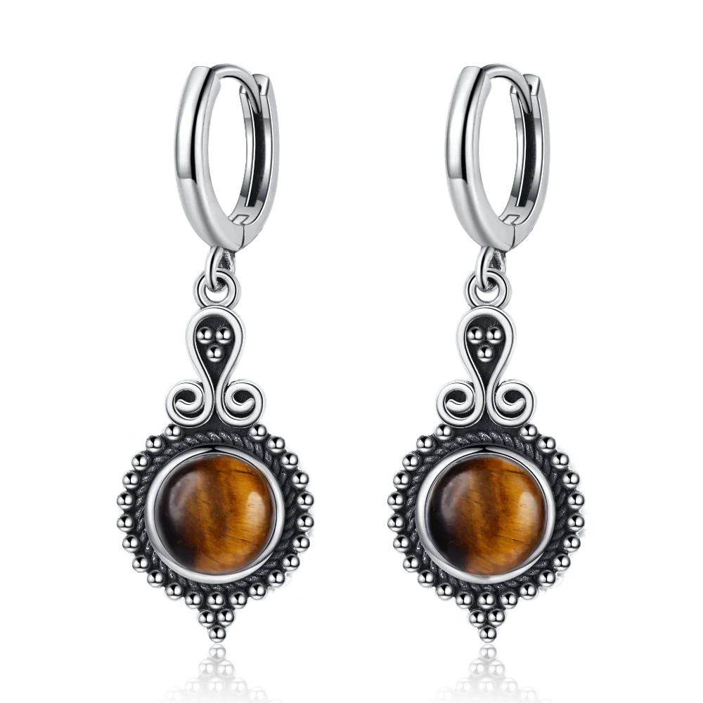 925 Sterling Silver Natural Stone Drop Earrings Vintage Hoops