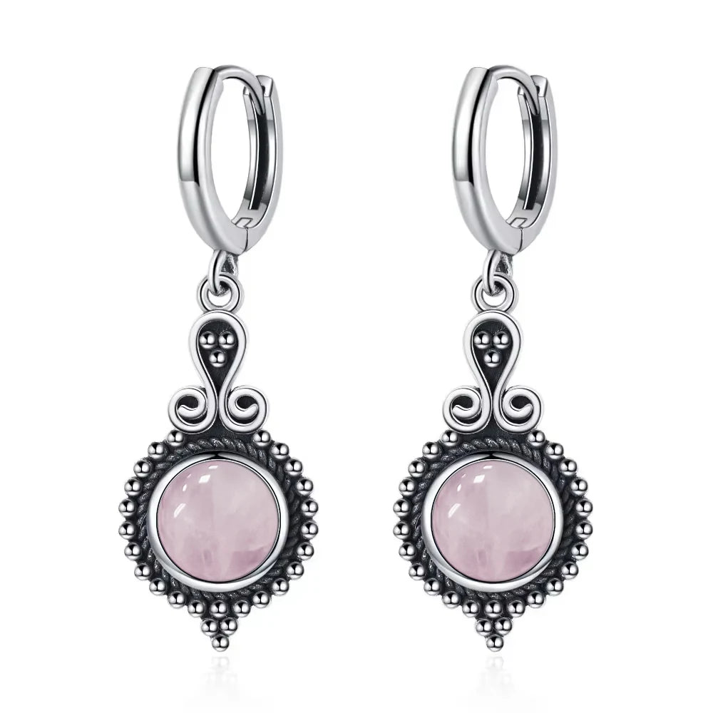 925 Sterling Silver Natural Stone Drop Earrings Vintage Hoops