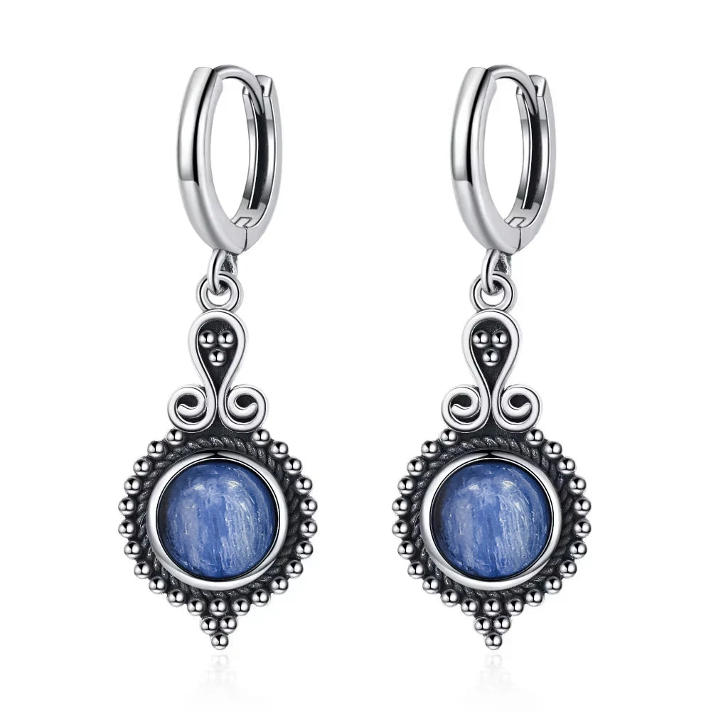 925 Sterling Silver Natural Stone Drop Earrings Vintage Hoops