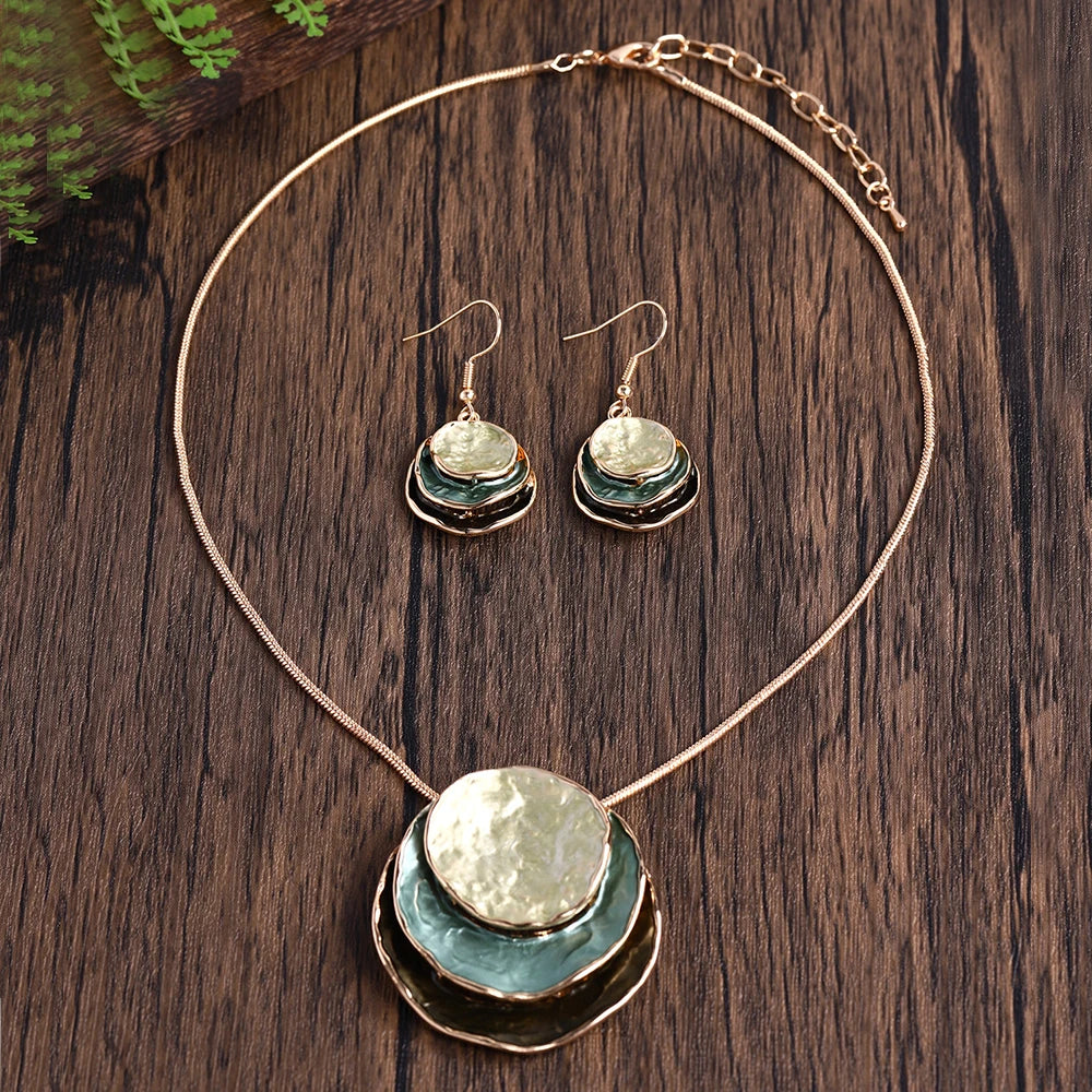 Oil Drip Round Pendant Necklace and Earrings Jewelry Set