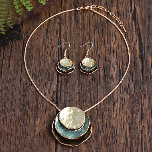 Oil Drip Round Pendant Necklace and Earrings Jewelry Set