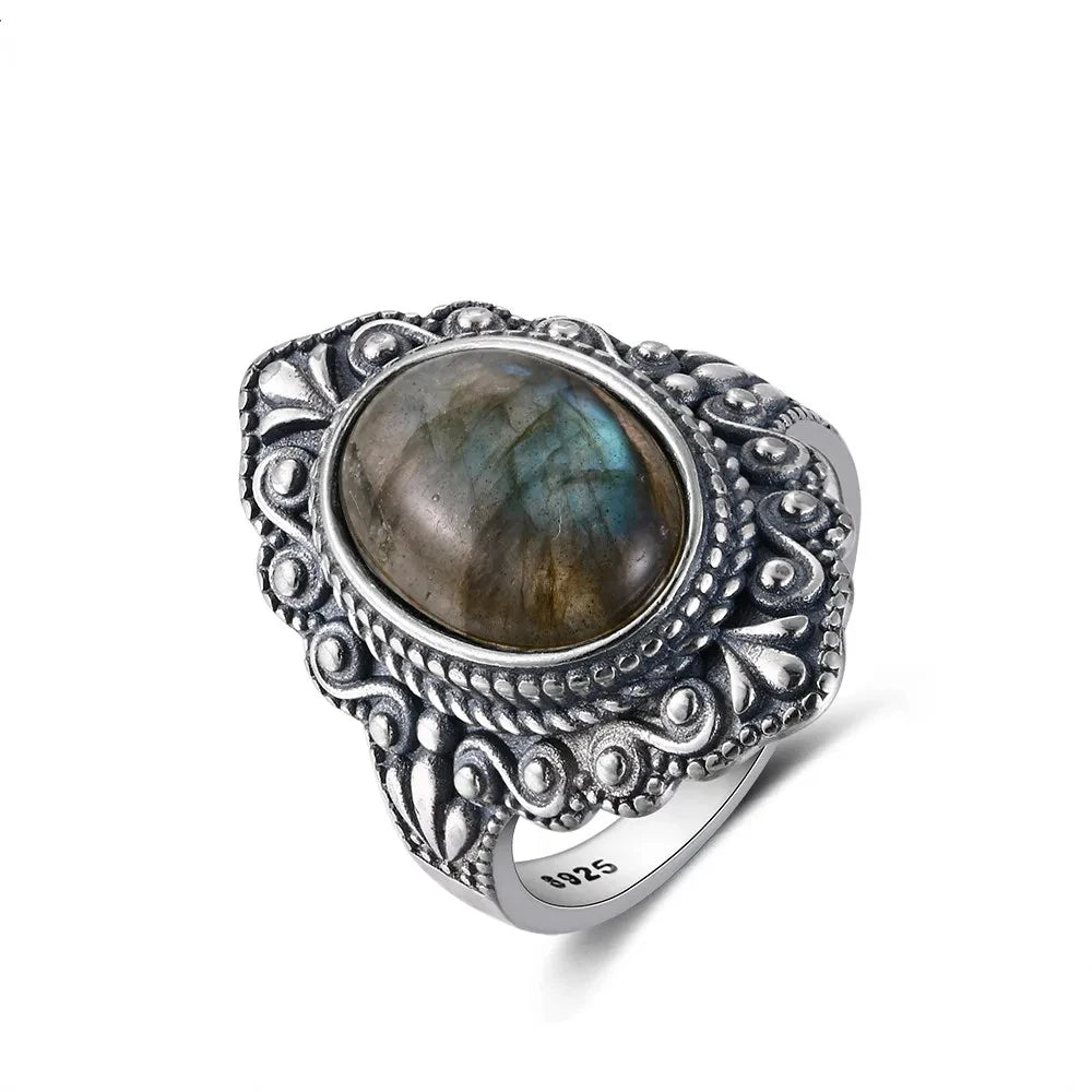 Retro Oval Natural Stone S925 Silver Ring