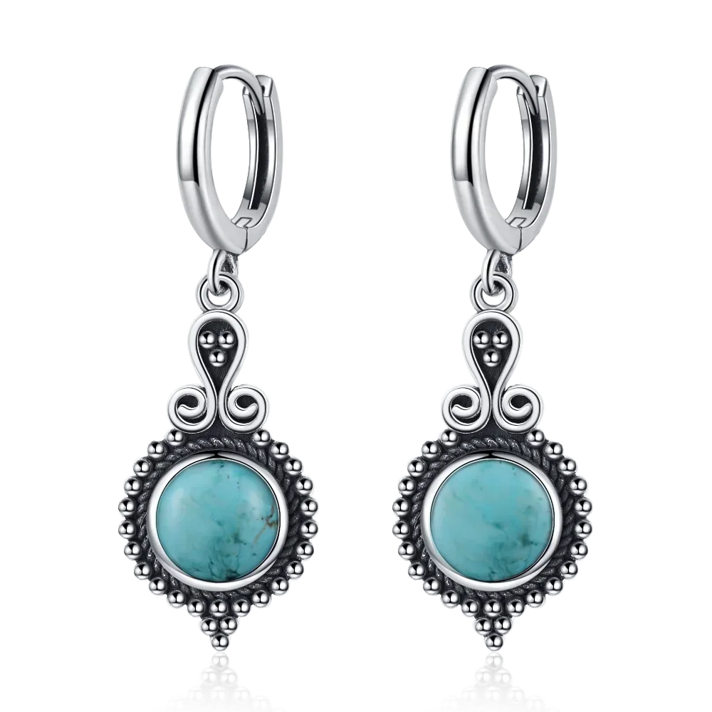 925 Sterling Silver Natural Stone Drop Earrings Vintage Hoops