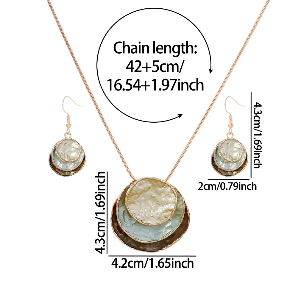 Oil Drip Round Pendant Necklace and Earrings Jewelry Set