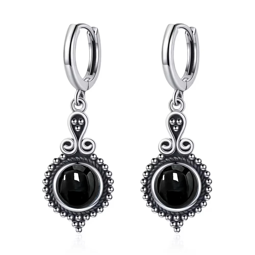 925 Sterling Silver Natural Stone Drop Earrings Vintage Hoops