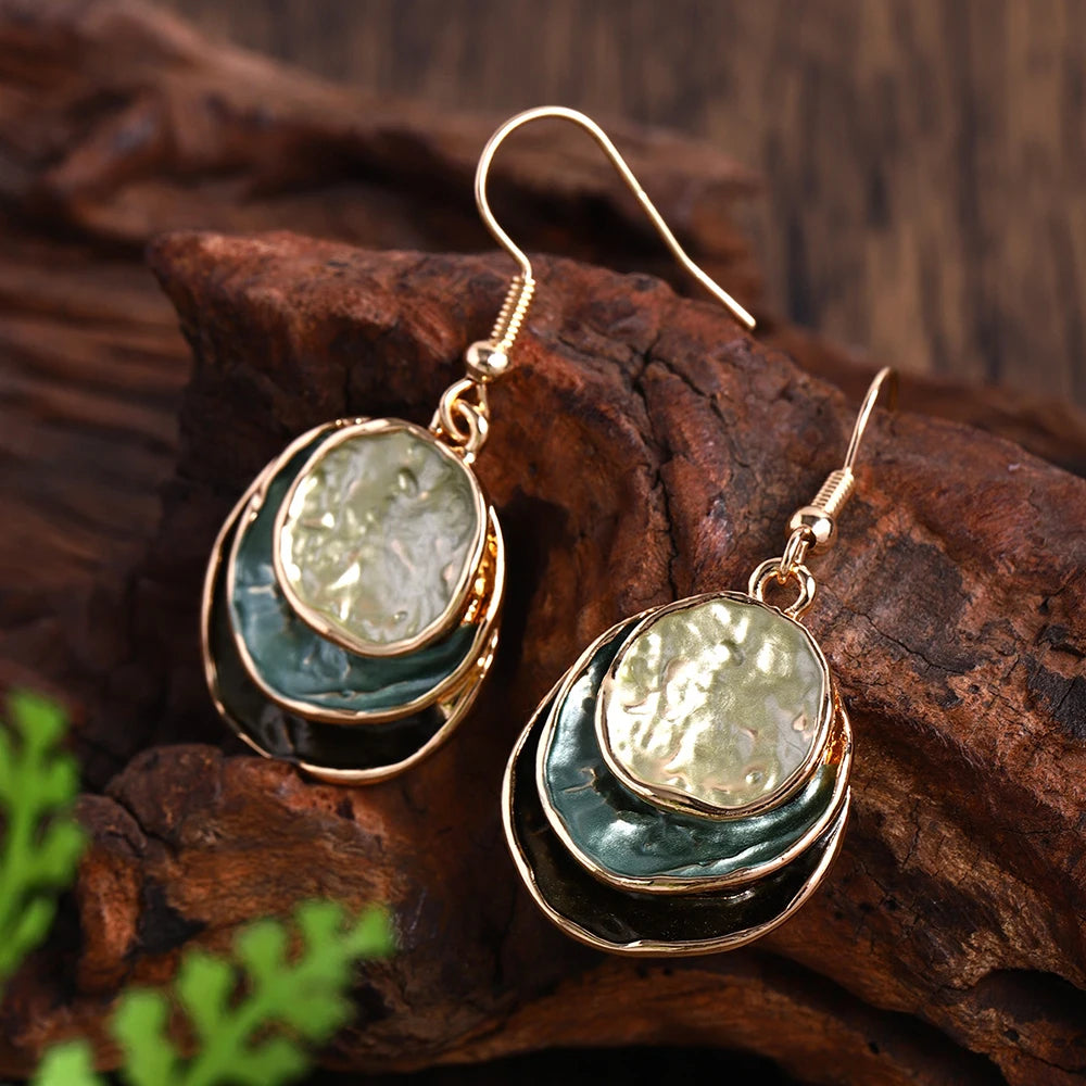 Oil Drip Round Pendant Necklace and Earrings Jewelry Set
