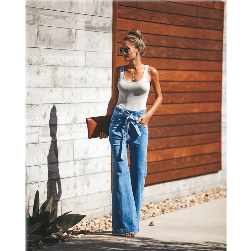 Vintage Denim Tie Waist Flare Jeans