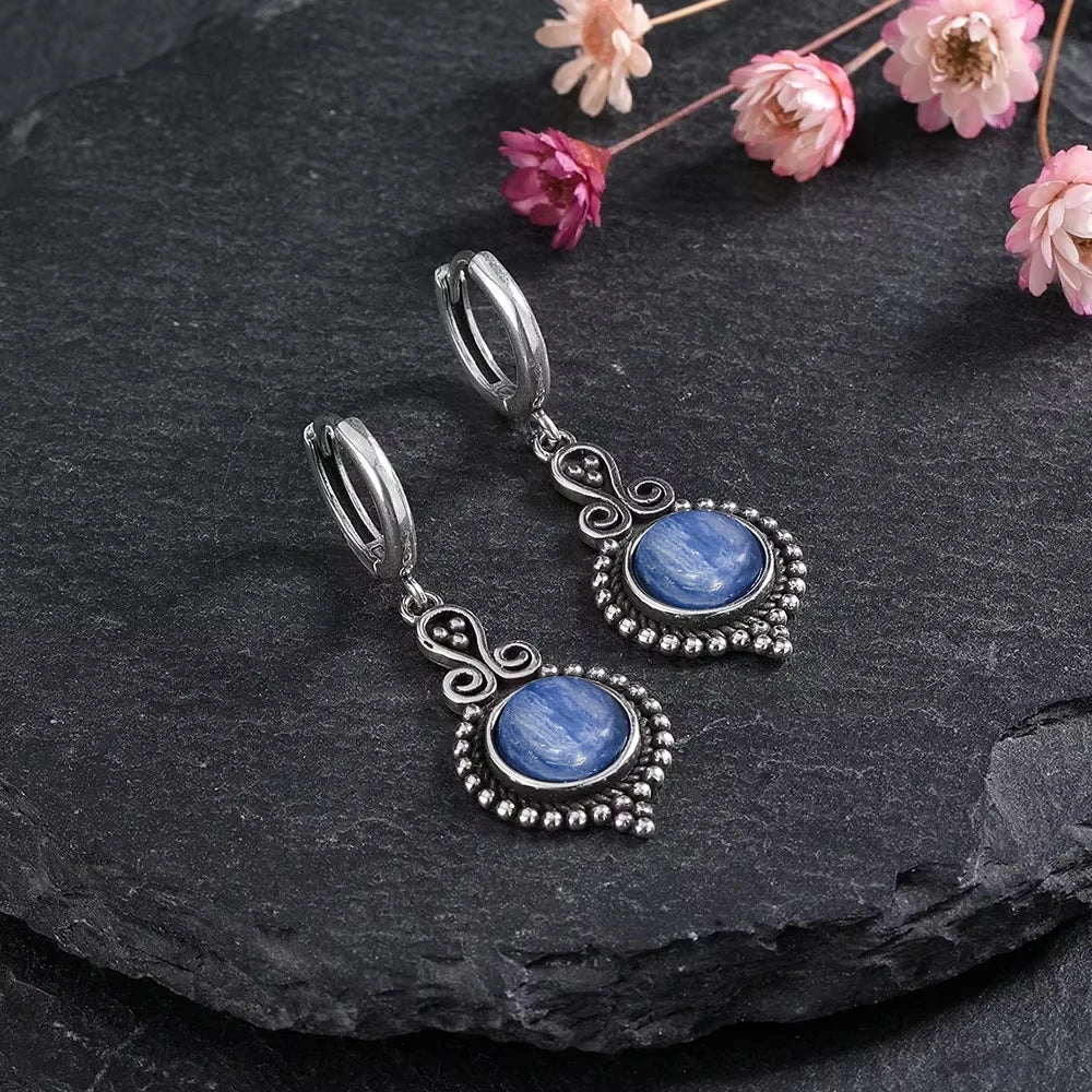925 Sterling Silver Natural Stone Drop Earrings Vintage Hoops